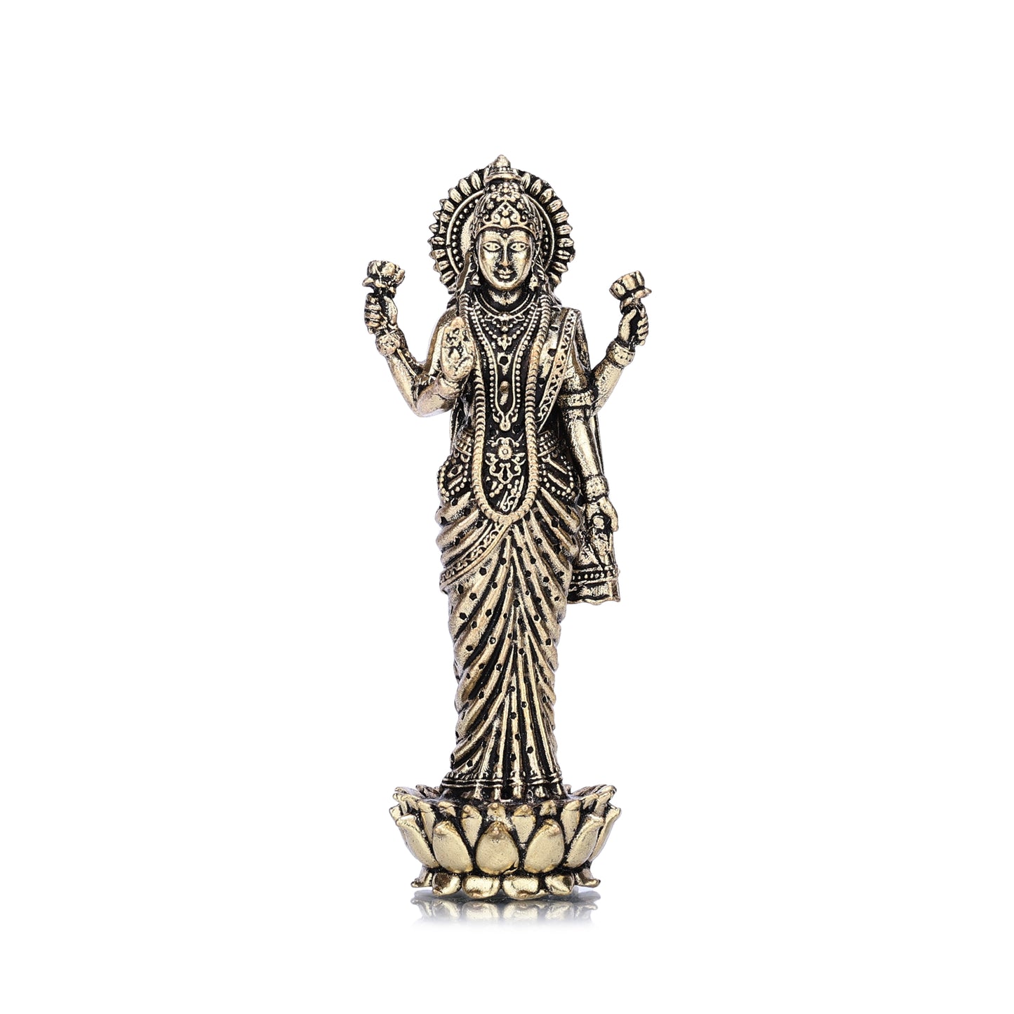 goddess lakshmi standing on lotus brass idol