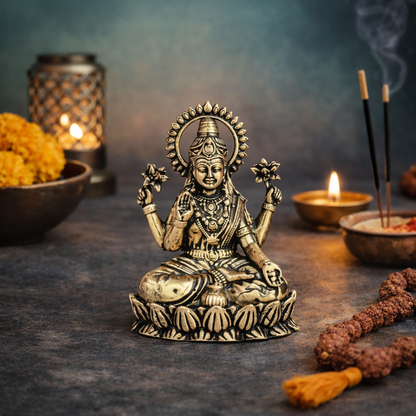 Goddess Lakshmi on Lotus Brass Idol - 2.5"
