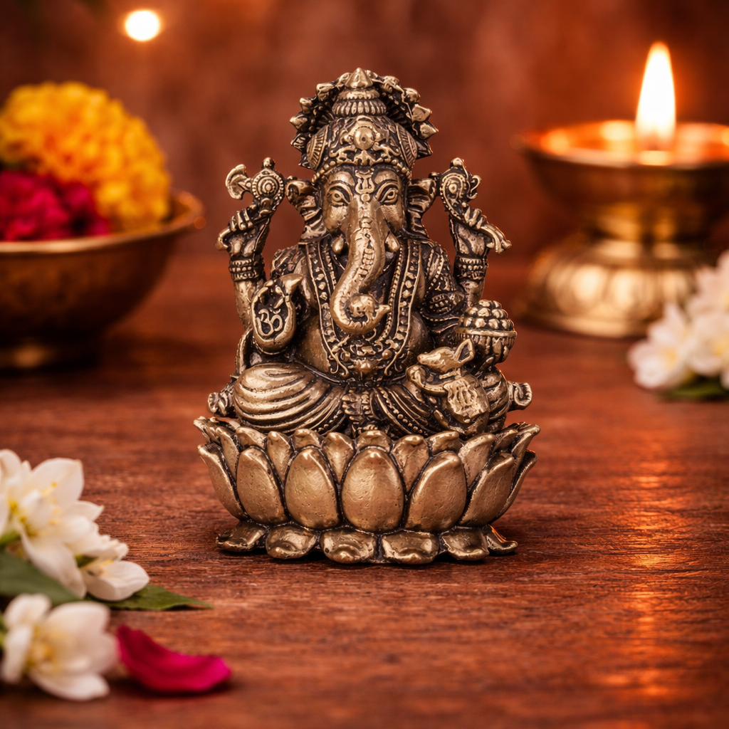 lord ganapati on lotus with laddu brass idol