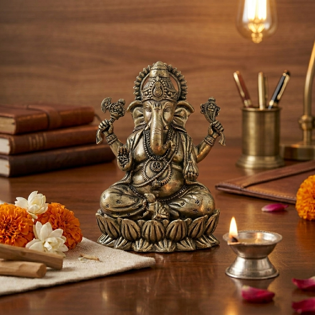 lord ganapati on lotus with modak brass idol
